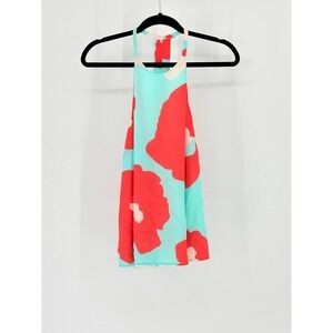 Annie Griffin Silk Halter Top Red Floral T-Back Womens S Bright Summer Festival